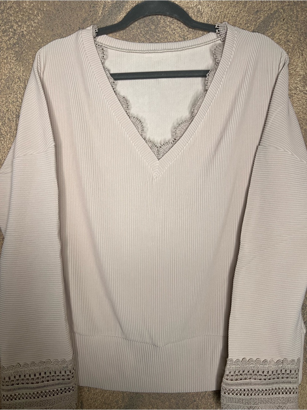 SHEIN Ribbed V-Neck Lace-Trim Long Sleeve Top in Light Beige